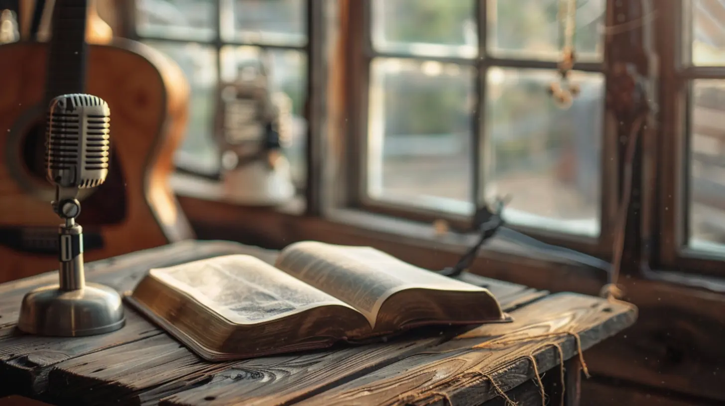 An open Bible on a rustic wooden table with a vintage microphone, set near a sunlit window in a peaceful Christian ministry setting