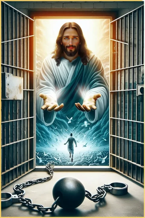 Christian radio ministry artwork showing Jesus Christ offering freedom and hope as chains fall away and light pours into a prison cell